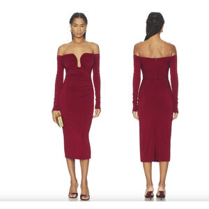 NEW ASTR the Label Lovinia Midi Dress Wine Red Long Sleeve Off Shoulder